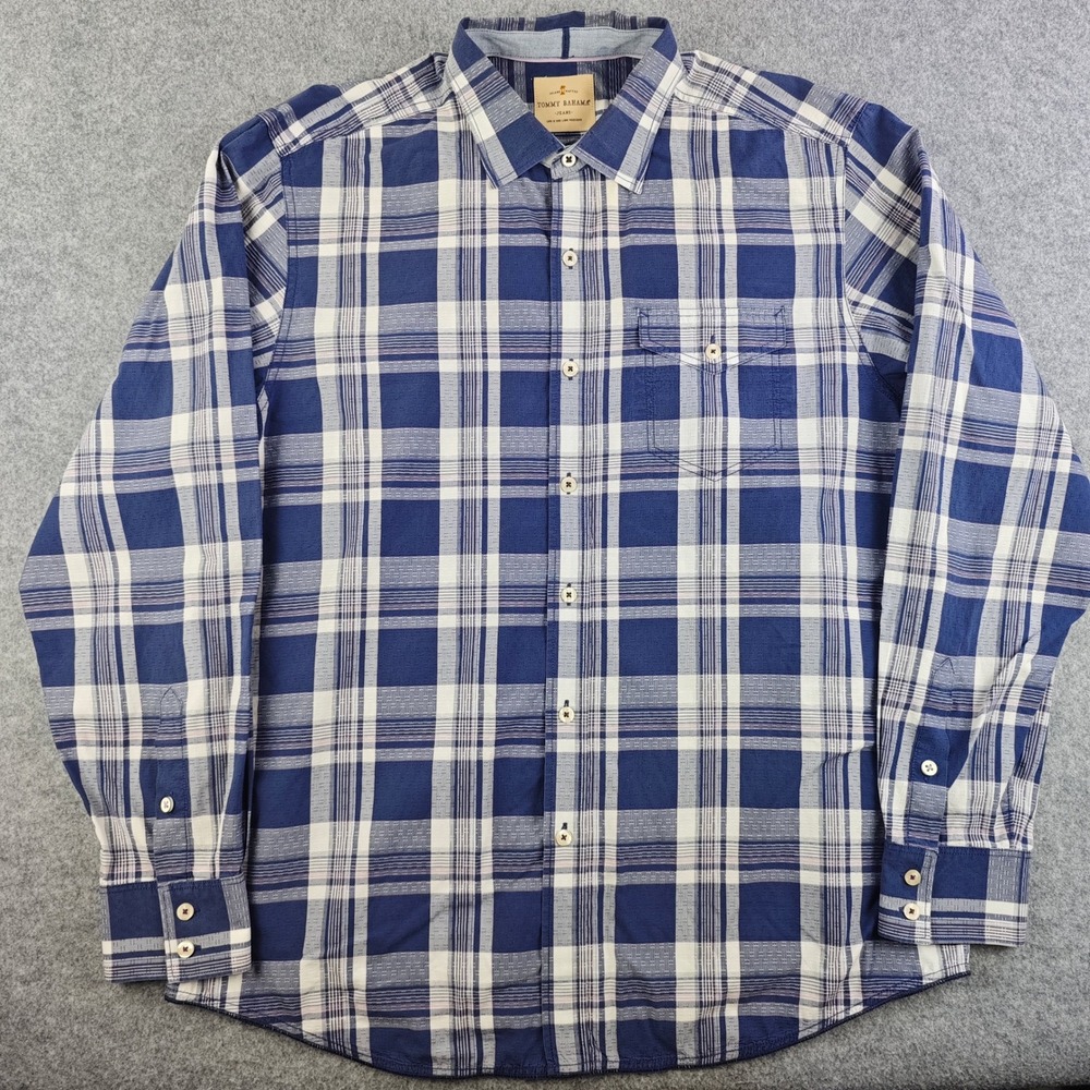 Tommy Bahama Jeans Mens Large Blue White Plaid Long Sleeve Button Down Shirt